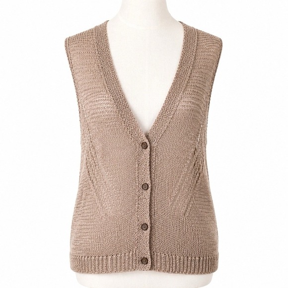 None Sweaters - Taupe Brown Open Knit Button Back Sweater Vest Made in Korea Womens F